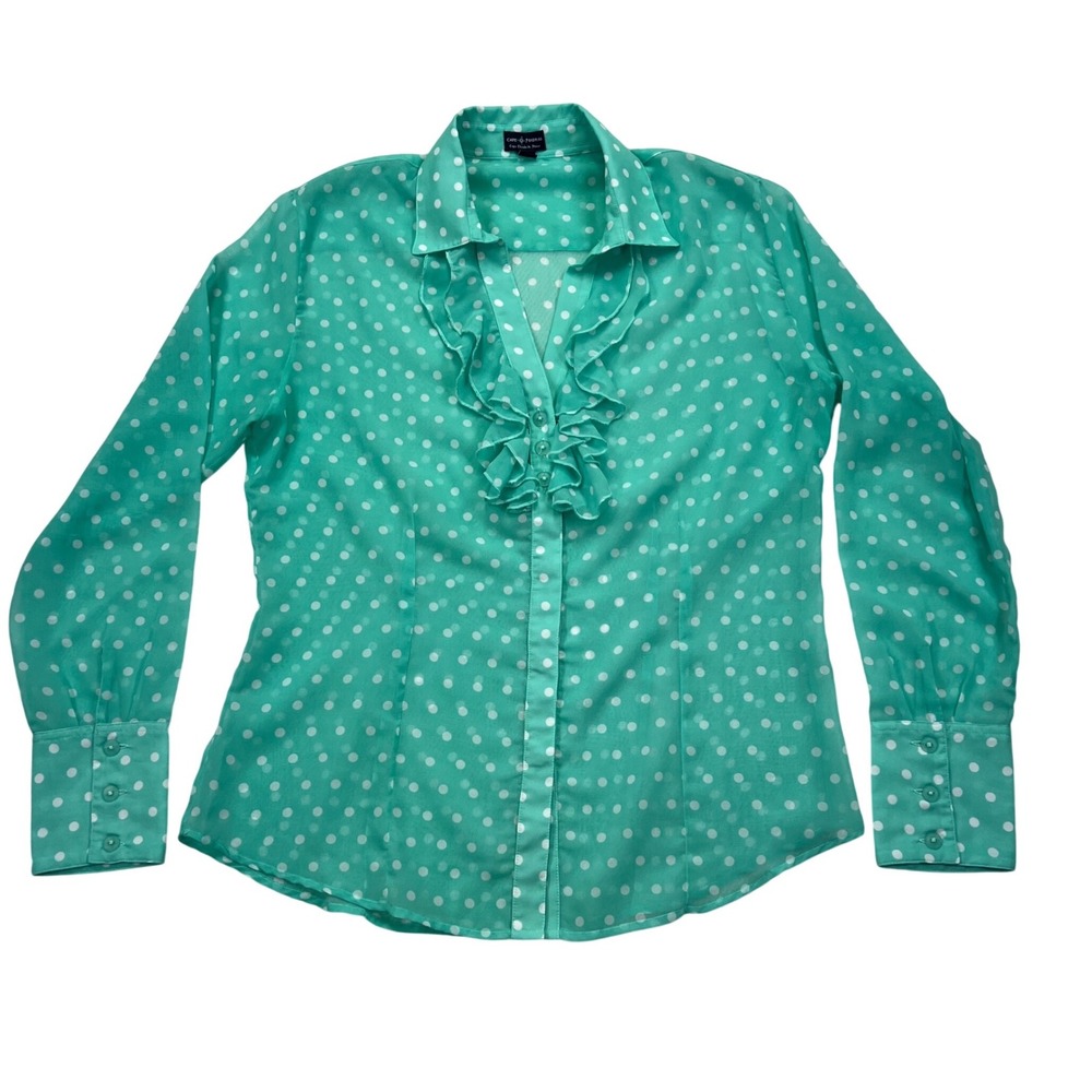 Cape Madras Polka Dot Ruffle Blouse Womens Medium Teal Green Long Sleeve Chiffon
